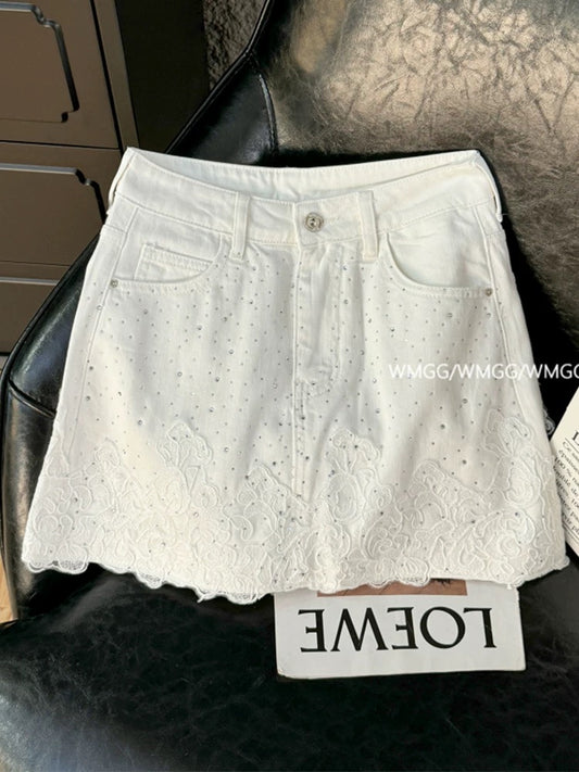 White denim skirt women 2025 new a-line small light luxury diamond lace stitching high waist hip skirt