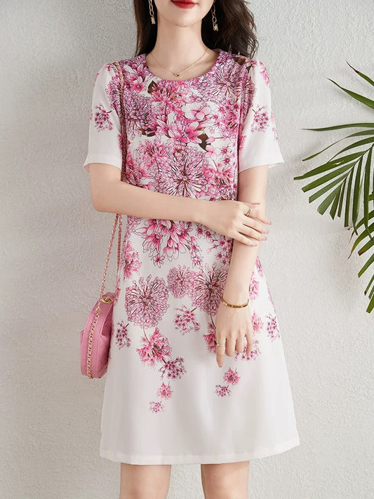 Elegant pink floral dress for women summer 2024 new French style gentle style waist slimming A-line skirt
