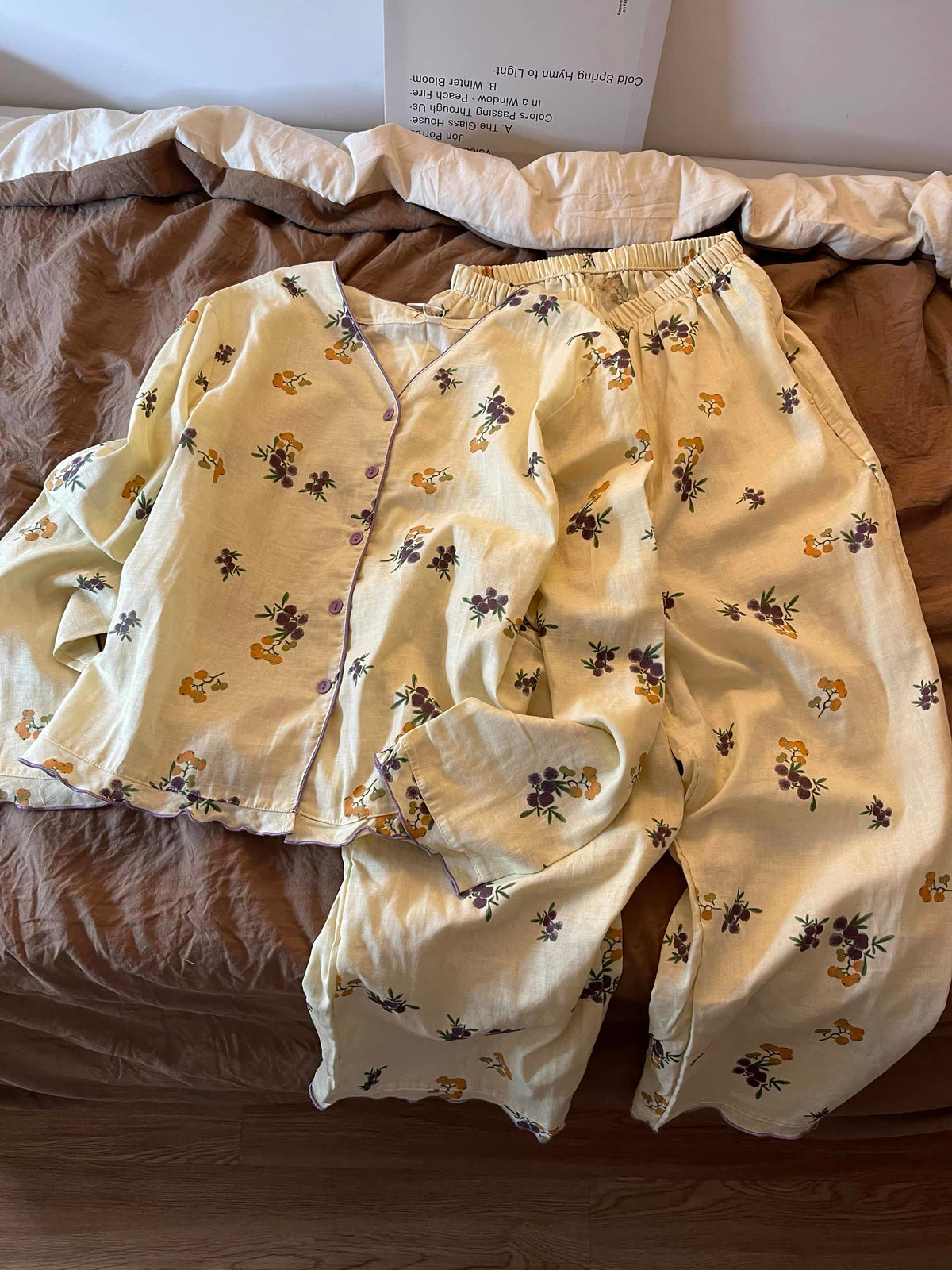 Sin Glee Women's Autumn Floral-Print Pajama Set – Soft, Loose, Long-Sleeved Cardigan Style (Suitable for Loungewear or Casual Wear)