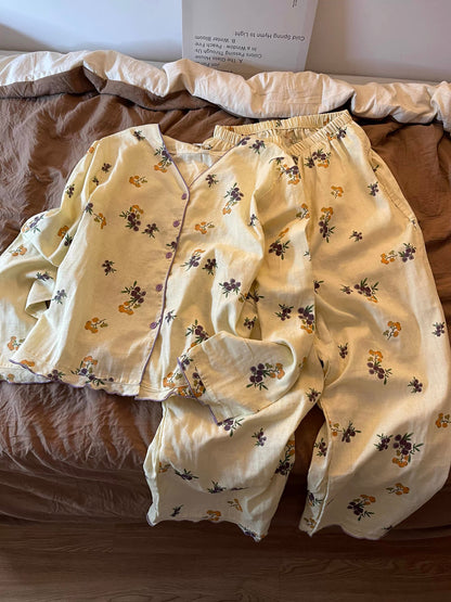 Sin Glee Women's Autumn Floral-Print Pajama Set – Soft, Loose, Long-Sleeved Cardigan Style (Suitable for Loungewear or Casual Wear)