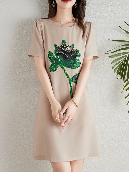 Heavy industry beaded sequin a-line dress for women summer 2024 new French style small waist slimming skirt