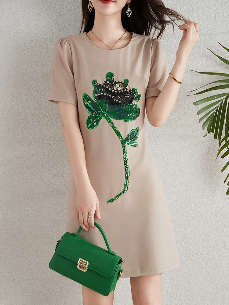 Heavy industry beaded sequin a-line dress for women summer 2024 new French style small waist slimming skirt