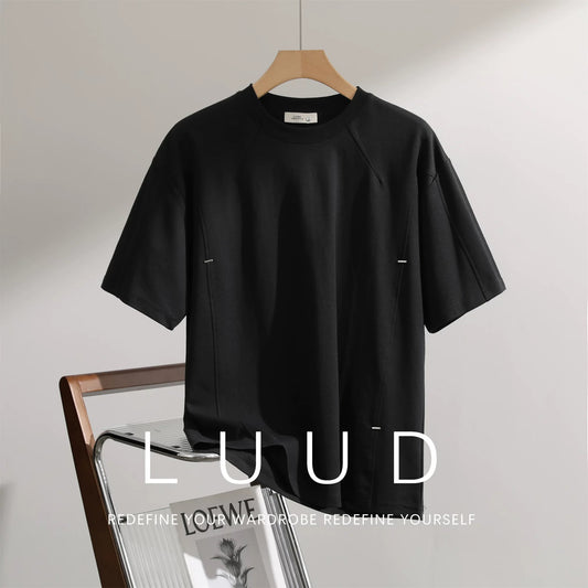 LUUD American retro patchwork short-sleeved T-shirt men's national trend high street casual top loose versatile round neck T-shirt