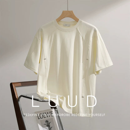 LUUD American retro patchwork short-sleeved T-shirt men's national trend high street casual top loose versatile round neck T-shirt