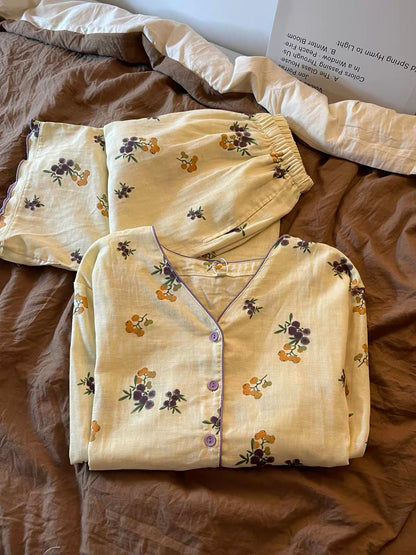 Sin Glee Women's Autumn Floral-Print Pajama Set – Soft, Loose, Long-Sleeved Cardigan Style (Suitable for Loungewear or Casual Wear)