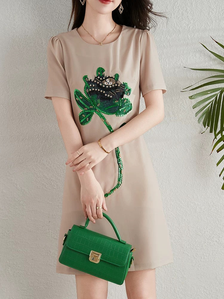 Heavy industry beaded sequin a-line dress for women summer 2024 new French style small waist slimming skirt