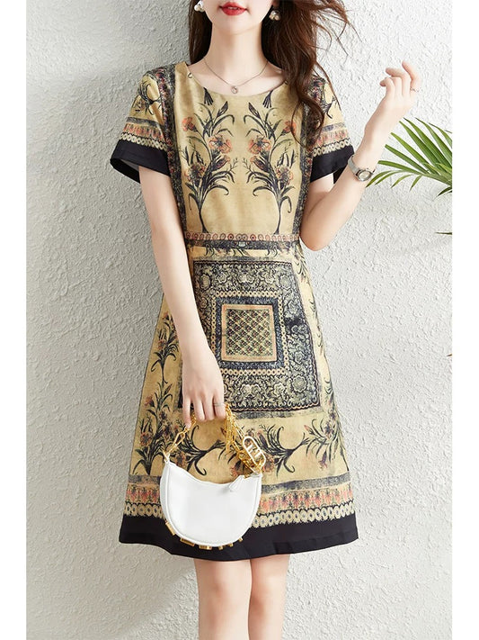 French retro high-end printed dress for women summer 2024 new style waist slimming niche a-line skirt