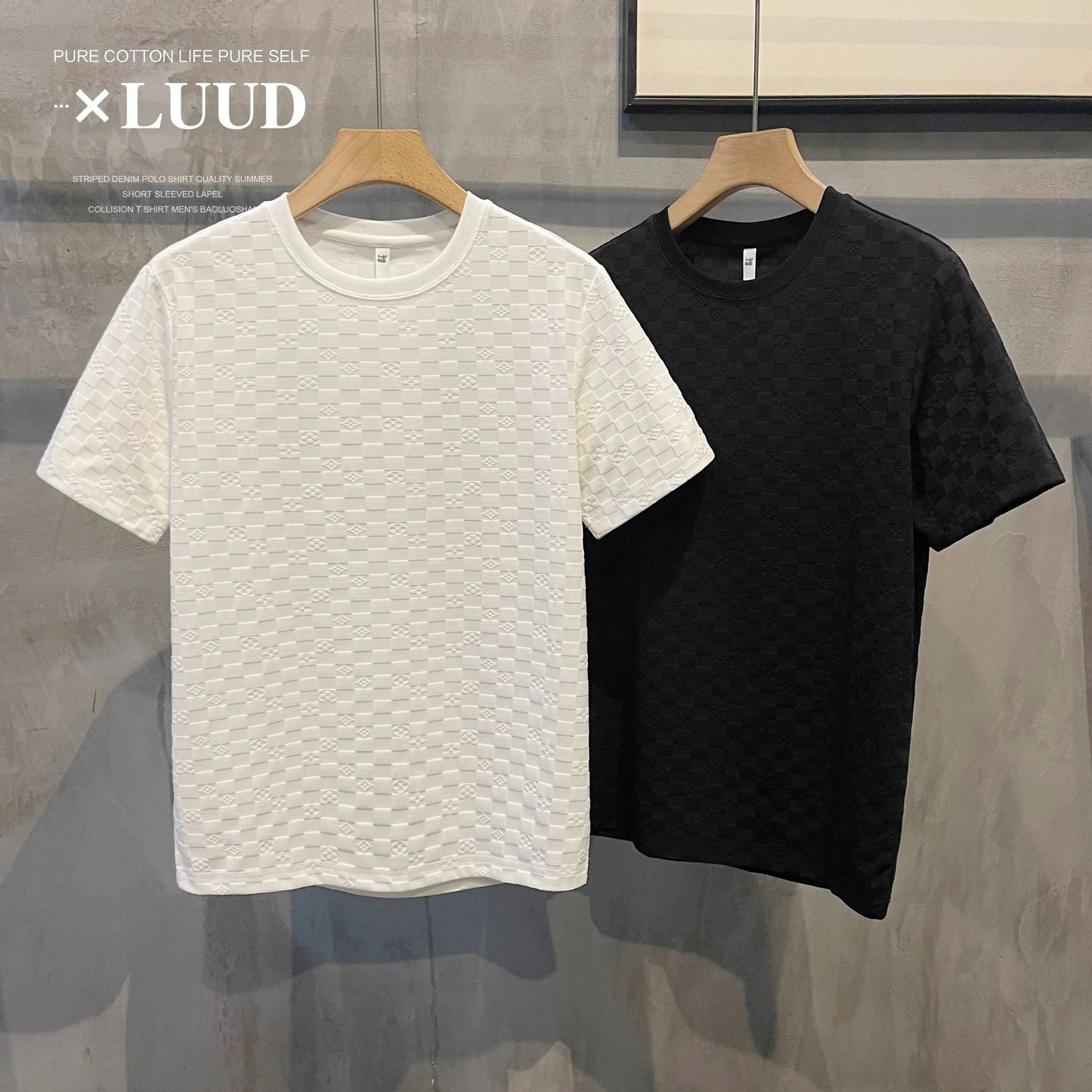 LUUD high-end European goods plaid pattern short-sleeved shirt men's light luxury temperament solid color casual round neck T-shirt top
