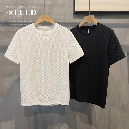 LUUD high-end European goods plaid pattern short-sleeved shirt men's light luxury temperament solid color casual round neck T-shirt top
