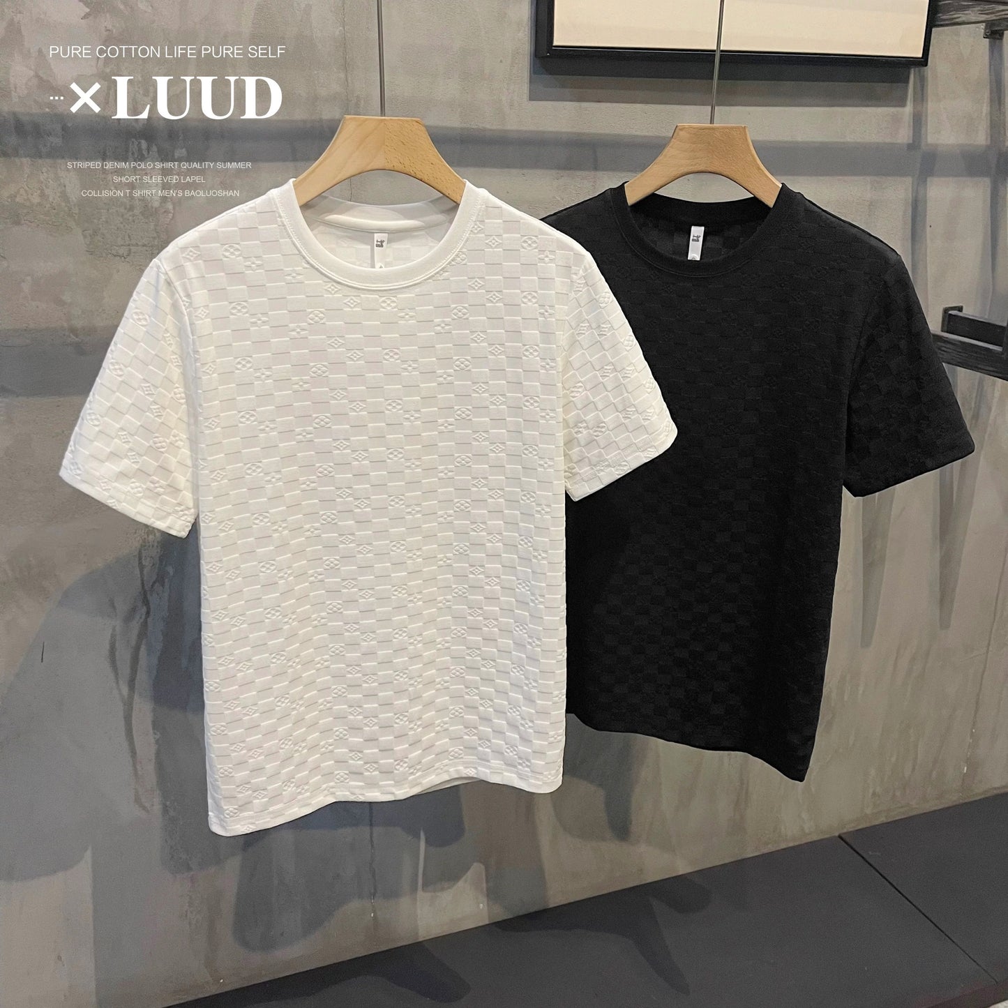 LUUD high-end European goods plaid pattern short-sleeved shirt men's light luxury temperament solid color casual round neck T-shirt top