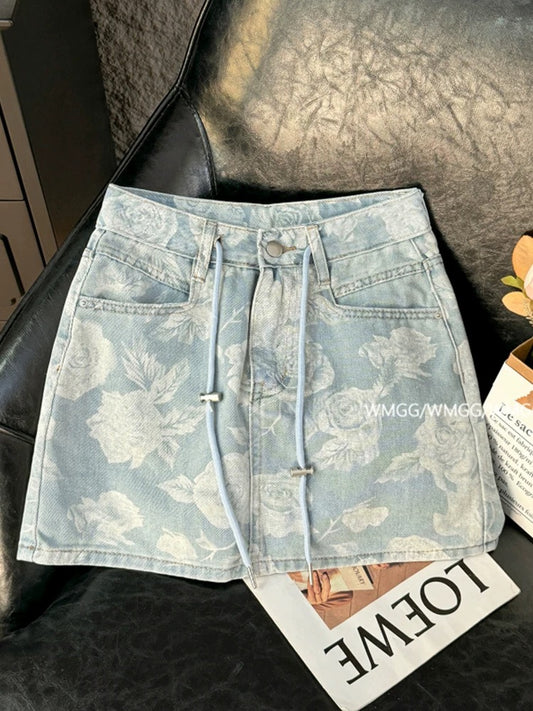 Denim skirt women 2025 new a-line petite summer ootd outfit sexy drawstring printed hip skirt