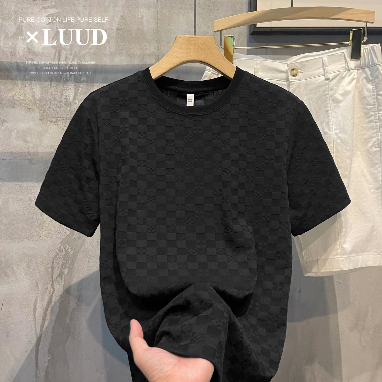 LUUD high-end European goods plaid pattern short-sleeved shirt men's light luxury temperament solid color casual round neck T-shirt top