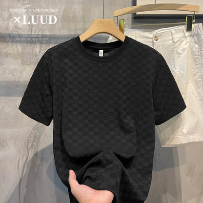 LUUD high-end European goods plaid pattern short-sleeved shirt men's light luxury temperament solid color casual round neck T-shirt top
