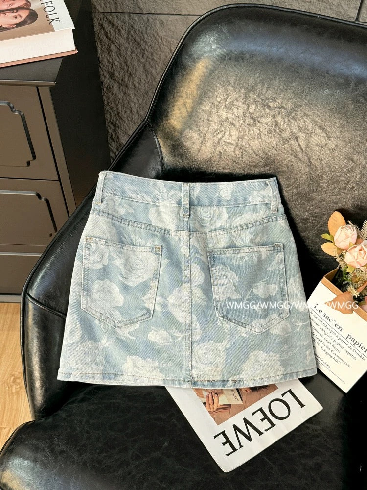 Denim skirt women 2025 new a-line petite summer ootd outfit sexy drawstring printed hip skirt