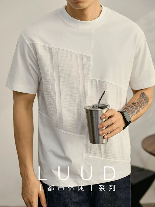 LUUD light luxury texture patchwork fabric design T-shirt men's simple casual slightly wide versatile round neck short-sleeved shirt