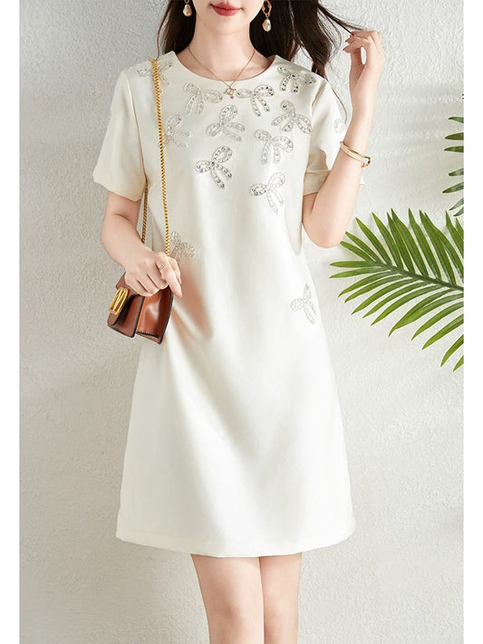 Heavy industry beaded diamond bow short-sleeved dress for women 2024 summer new style elegant temperament slim a-line skirt