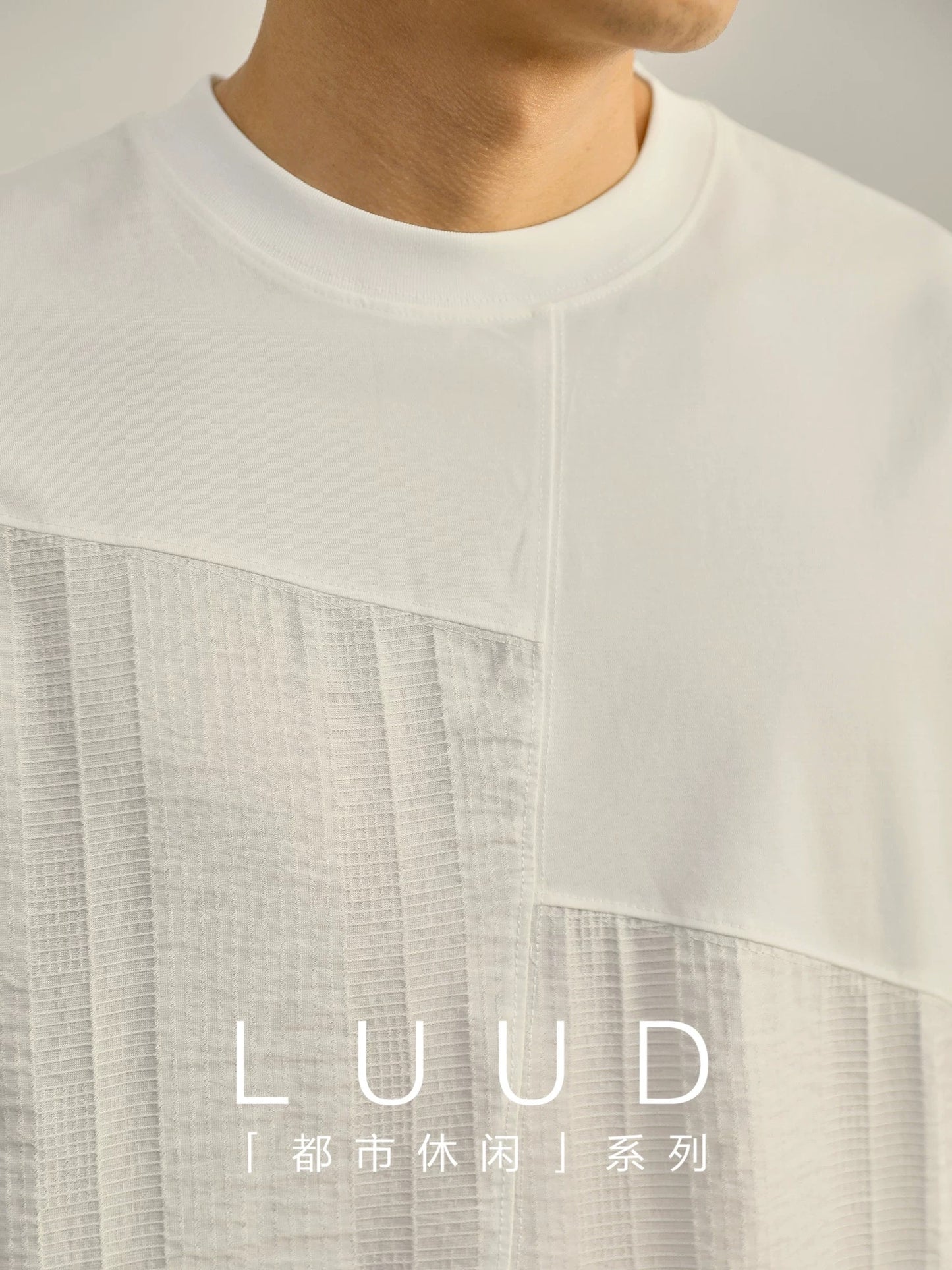 LUUD light luxury texture patchwork fabric design T-shirt men's simple casual slightly wide versatile round neck short-sleeved shirt