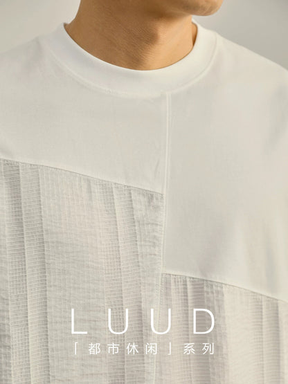 LUUD light luxury texture patchwork fabric design T-shirt men's simple casual slightly wide versatile round neck short-sleeved shirt