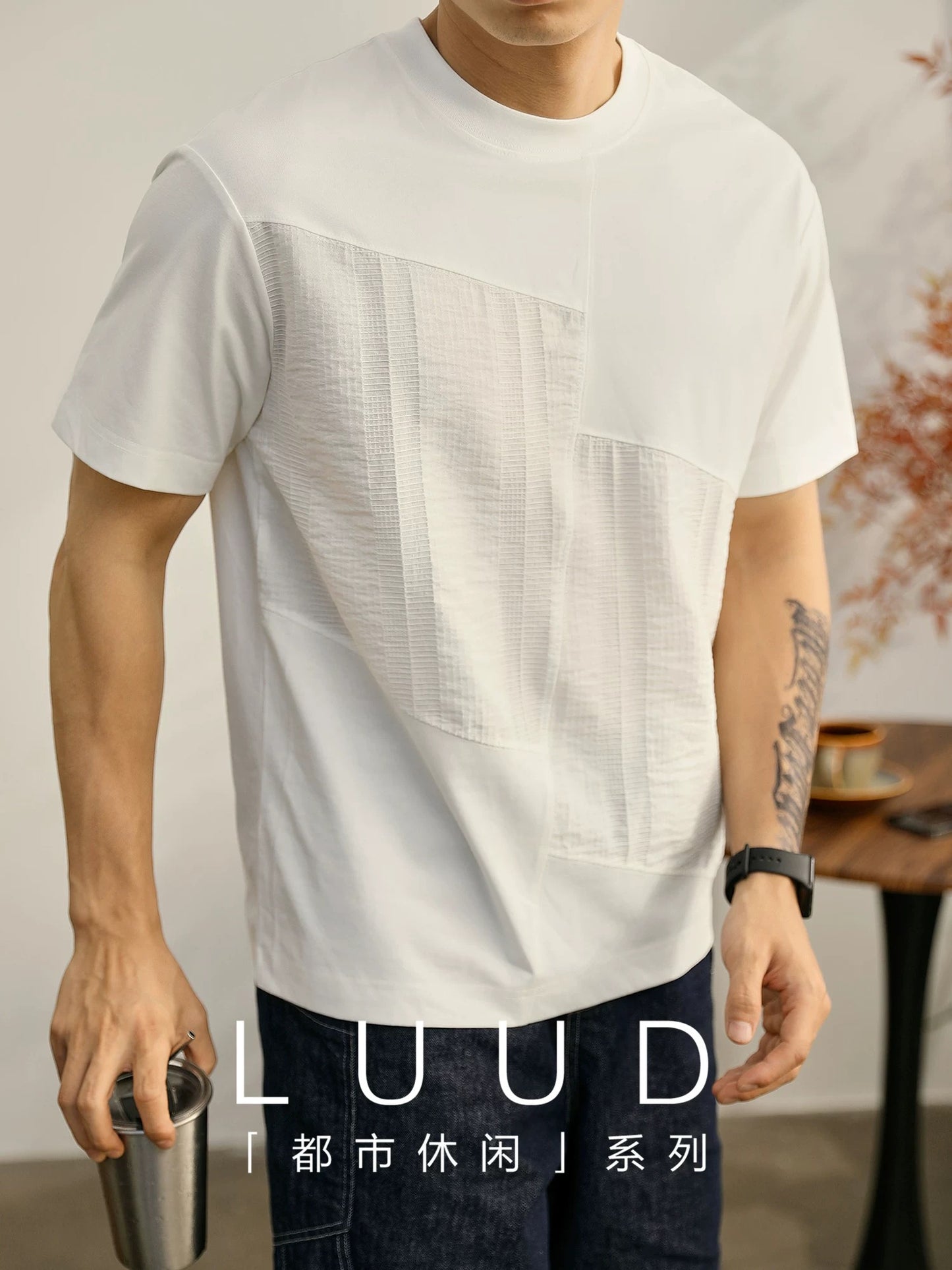 LUUD light luxury texture patchwork fabric design T-shirt men's simple casual slightly wide versatile round neck short-sleeved shirt