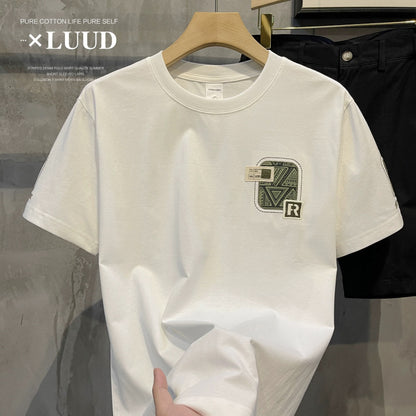 LUUD 2025 new hot-selling men's letter R embroidered short-sleeved top trendy all-match round neck slim fit shirt