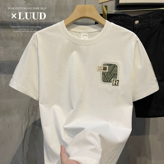 LUUD 2025 new hot-selling men's letter R embroidered short-sleeved top trendy all-match round neck slim fit shirt