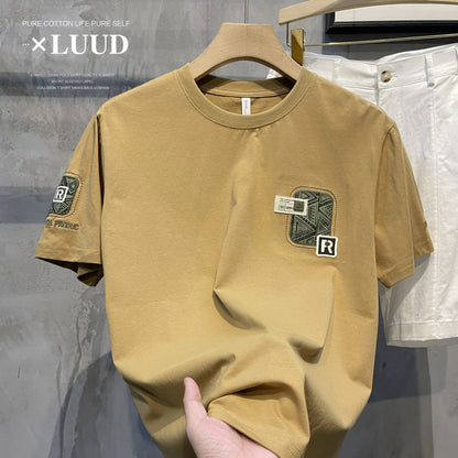 LUUD 2025 new hot-selling men's letter R embroidered short-sleeved top trendy all-match round neck slim fit shirt