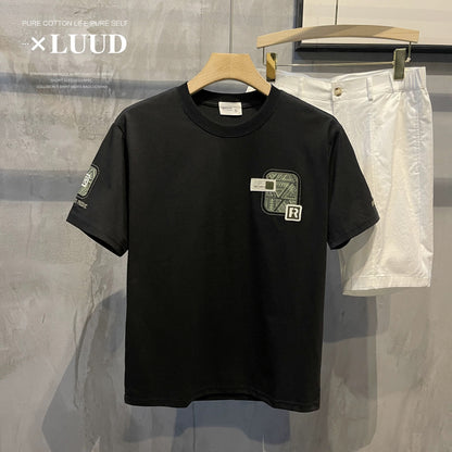 LUUD 2025 new hot-selling men's letter R embroidered short-sleeved top trendy all-match round neck slim fit shirt