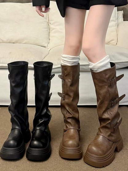 Women's 7cm platform slouchy tall boots with buckle detail—2025 new autumn Western-style riding boots (below-the-knee).