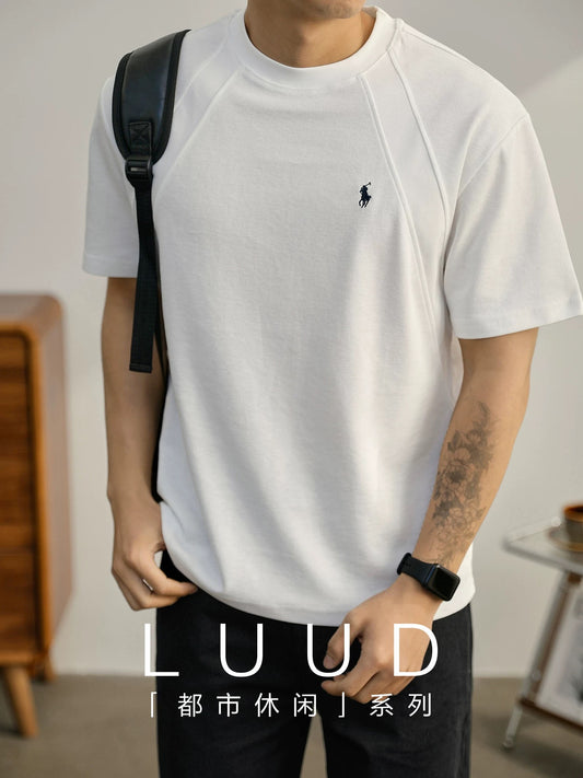 LUUD Drop Shoulder Profile T-shirt Men's Trend Paul Knight Embroidery Quality Bajiage Casual Cotton Splicing T-shirt