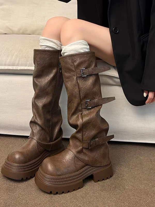Women's 7cm platform slouchy tall boots with buckle detail—2025 new autumn Western-style riding boots (below-the-knee).