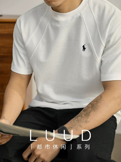 LUUD Drop Shoulder Profile T-shirt Men's Trend Paul Knight Embroidery Quality Bajiage Casual Cotton Splicing T-shirt