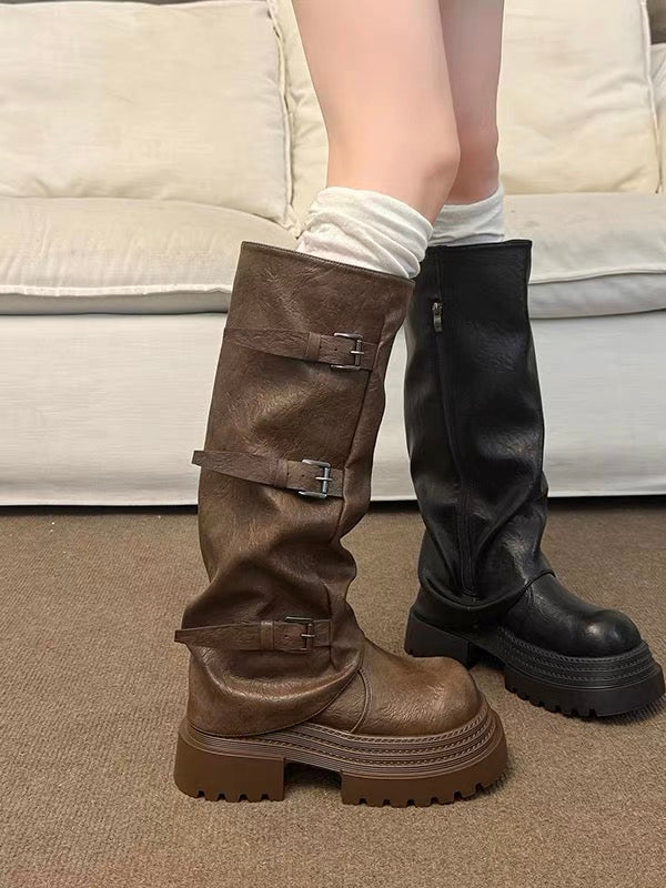 Women's 7cm platform slouchy tall boots with buckle detail—2025 new autumn Western-style riding boots (below-the-knee).