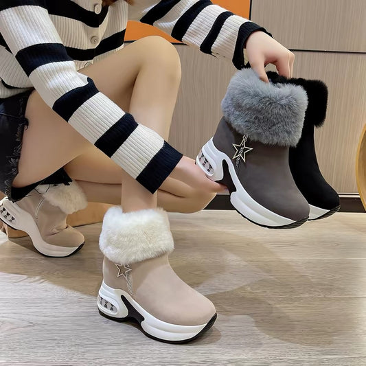 New Winter Women's Fashionable Solid-Color Faux-Fur Lined Ankle Boots with Hidden Wedges (Combat/Martin Style)