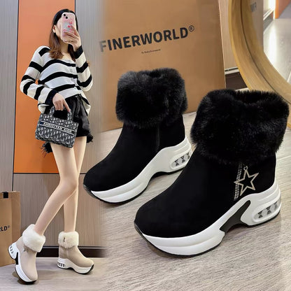 New Winter Women's Fashionable Solid-Color Faux-Fur Lined Ankle Boots with Hidden Wedges (Combat/Martin Style)