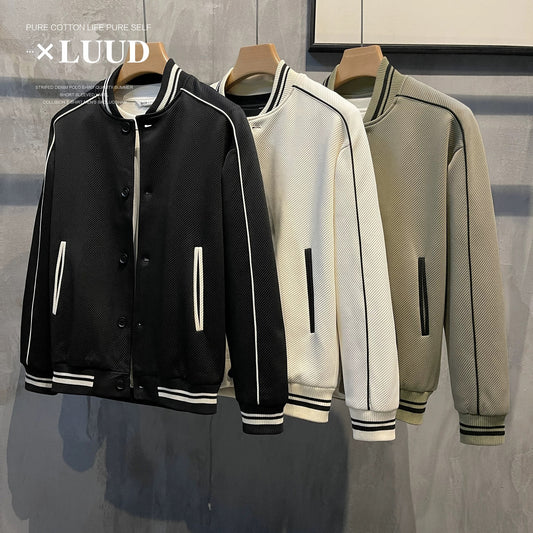 LUUD Korean style trendy knitted twill colorblock jacket sweatshirt line design casual baseball jacket short coat men