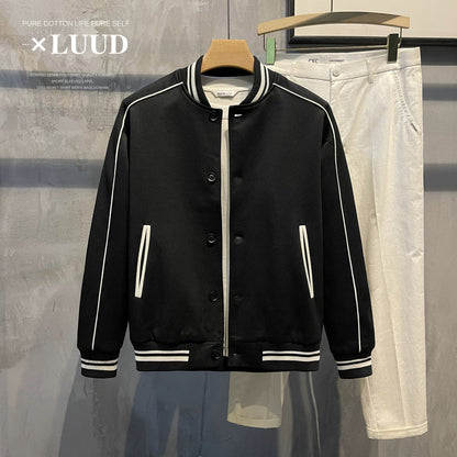 LUUD Korean style trendy knitted twill colorblock jacket sweatshirt line design casual baseball jacket short coat men