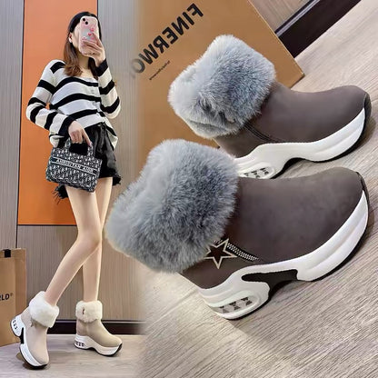 New Winter Women's Fashionable Solid-Color Faux-Fur Lined Ankle Boots with Hidden Wedges (Combat/Martin Style)