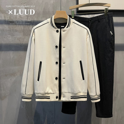 LUUD Korean style trendy knitted twill colorblock jacket sweatshirt line design casual baseball jacket short coat men