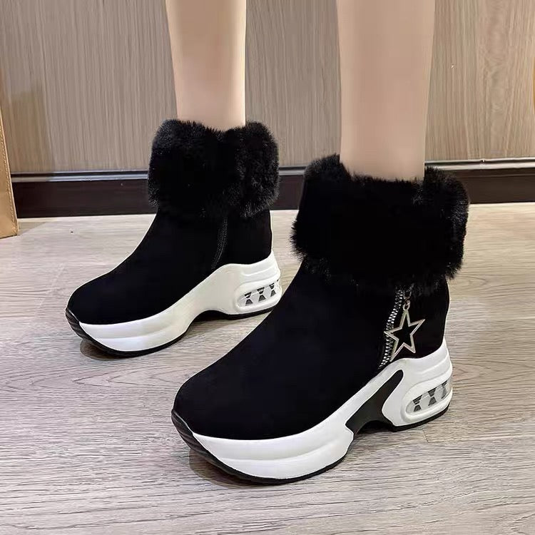 New Winter Women's Fashionable Solid-Color Faux-Fur Lined Ankle Boots with Hidden Wedges (Combat/Martin Style)