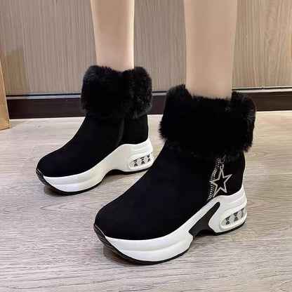 New Winter Women's Fashionable Solid-Color Faux-Fur Lined Ankle Boots with Hidden Wedges (Combat/Martin Style)