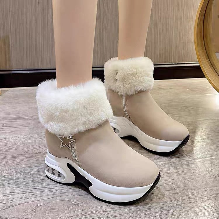 New Winter Women's Fashionable Solid-Color Faux-Fur Lined Ankle Boots with Hidden Wedges (Combat/Martin Style)