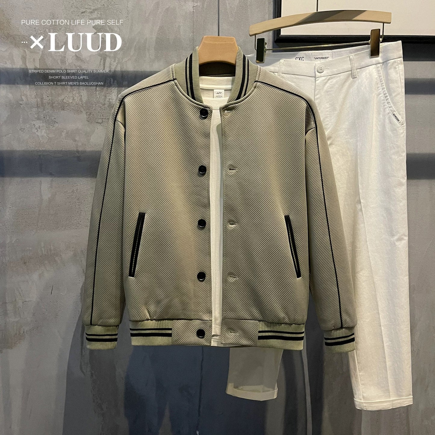 LUUD Korean style trendy knitted twill colorblock jacket sweatshirt line design casual baseball jacket short coat men