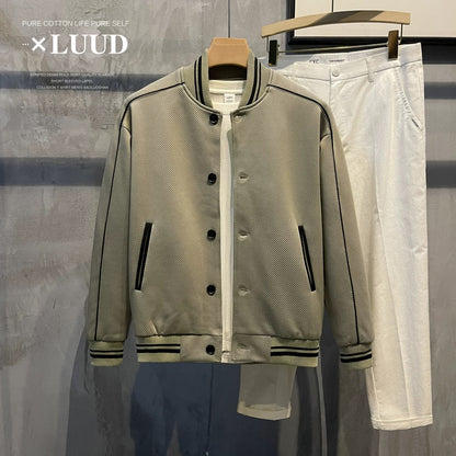 LUUD Korean style trendy knitted twill colorblock jacket sweatshirt line design casual baseball jacket short coat men