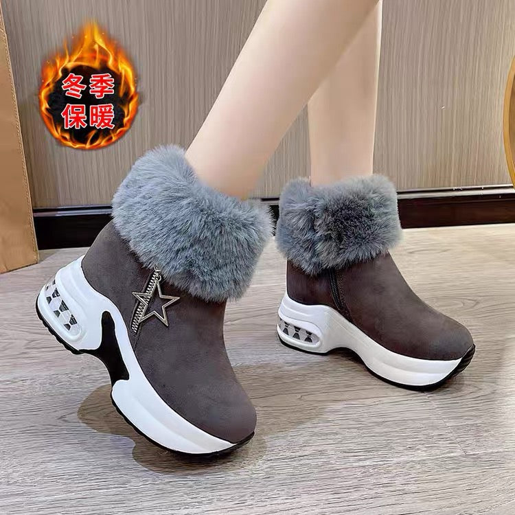 New Winter Women's Fashionable Solid-Color Faux-Fur Lined Ankle Boots with Hidden Wedges (Combat/Martin Style)