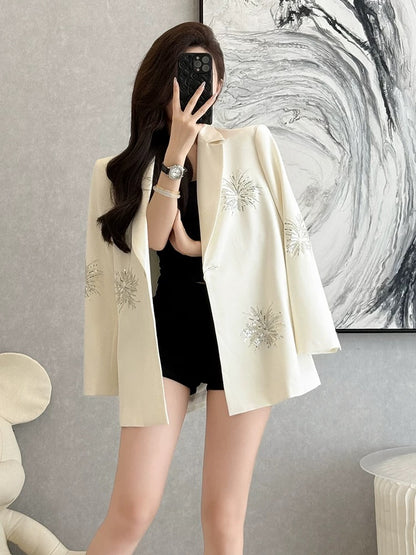 Autumn sophisticated and luxurious sequined embroidered suit jacket for women, high-end loose fit, professional commuting style.