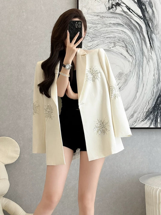 Autumn sophisticated and luxurious sequined embroidered suit jacket for women, high-end loose fit, professional commuting style.