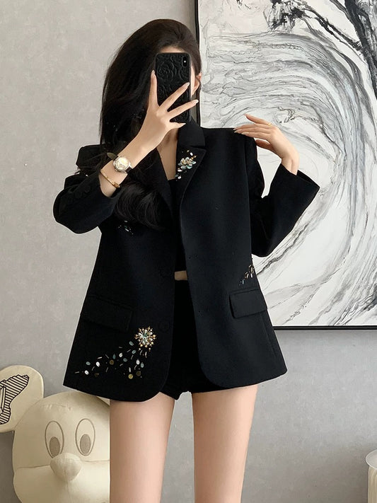 Autumn Korean style loose casual suit jacket for petite women, high-end design, unique style, street style blazer