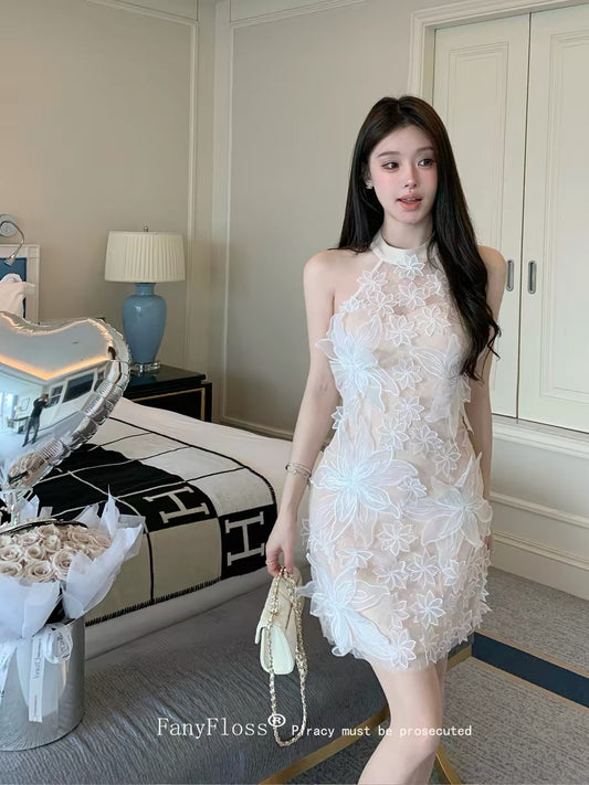 FanyFloss's designer halter neck floral lace dress, mesh waist-cinching fairy dress, chiffon vacation dress for summer.