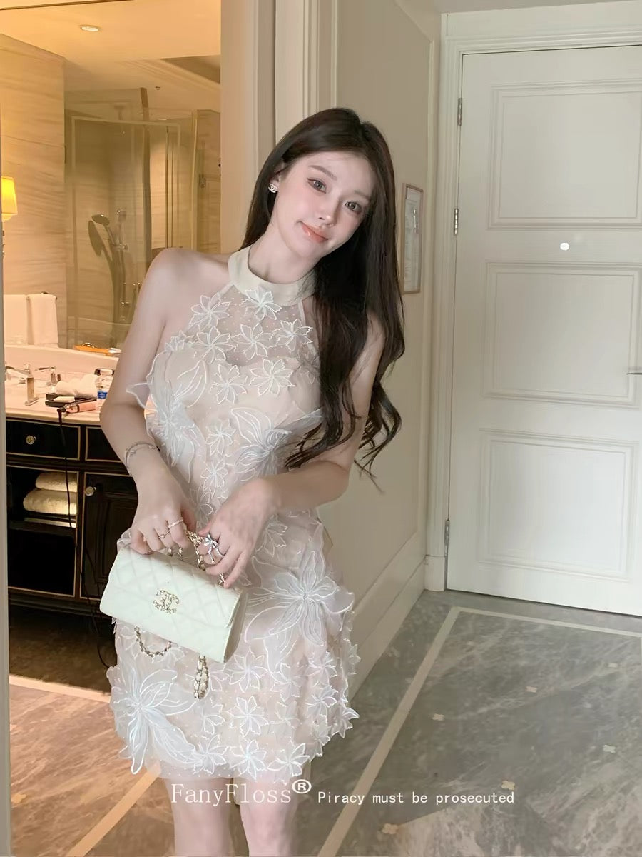 FanyFloss's designer halter neck floral lace dress, mesh waist-cinchin –  Lee Nhi Boutique