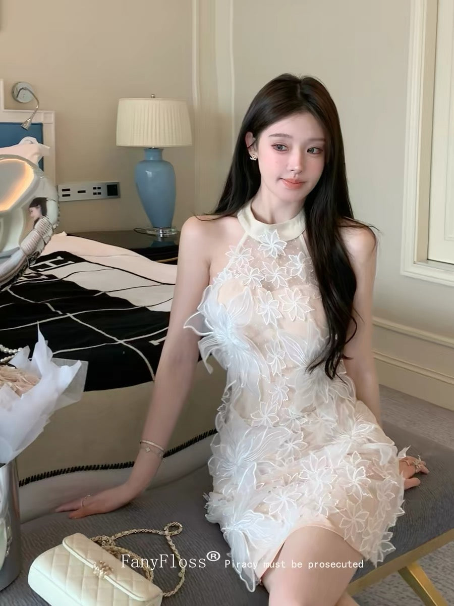 FanyFloss's designer halter neck floral lace dress, mesh waist-cinching fairy dress, chiffon vacation dress for summer.